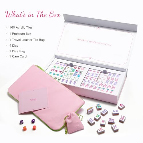 American Mahjong Tiles, Mahjong Travel Set, 160 Pink 4 Layer Mah Jong Game Tiles with Tile Bag, Gift-Ready Storage Box, 4 Dice with Pouch, Western Mah Jongg, Majong
